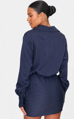 Tall Navy Pinstripe Shirt Ruched Mini Dress
