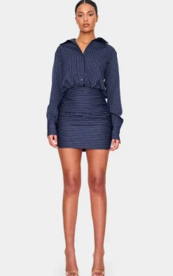 Tall Navy Pinstripe Shirt Ruched Mini Dress