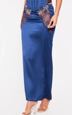 Tall Navy Satin Sheer Lace Panel Detail Midaxi Skirt