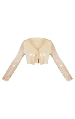 Tall Nude Pink Sequin Tie Front Crop Top