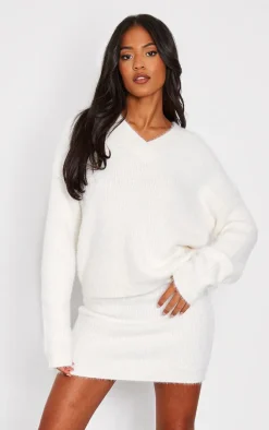 Tall Oatmeal Fluffy Knitted V Neck Sweater