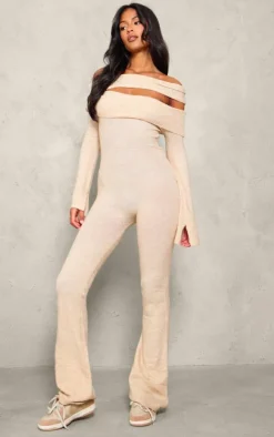 Tall Oatmeal Soft Knit Bardot Foldover Asymmetric Neck Jumpsuit