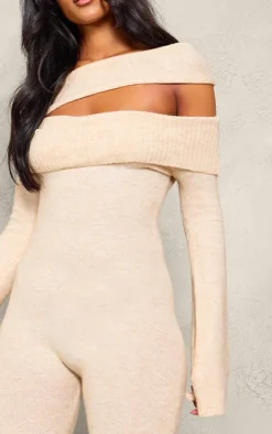 Tall Oatmeal Soft Knit Bardot Foldover Asymmetric Neck Jumpsuit