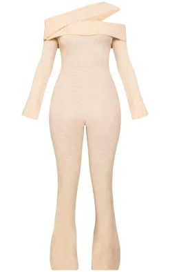 Tall Oatmeal Soft Knit Bardot Foldover Asymmetric Neck Jumpsuit