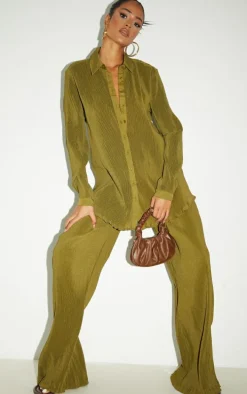 Tall Olive Plisse High Waisted Wide Leg Pants