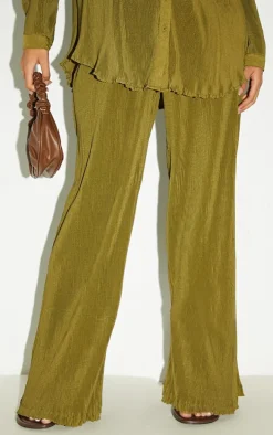 Tall Olive Plisse High Waisted Wide Leg Pants
