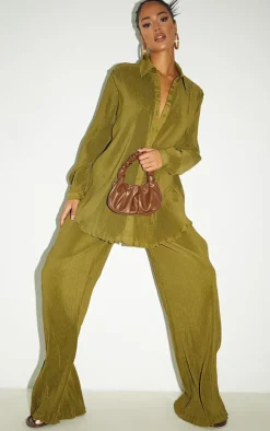 Tall Olive Plisse Oversized Cuff Detail Shirt
