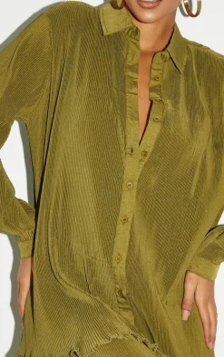Tall Olive Plisse Oversized Cuff Detail Shirt