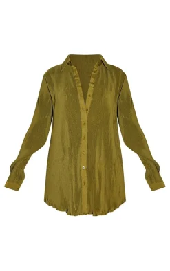 Tall Olive Plisse Oversized Cuff Detail Shirt