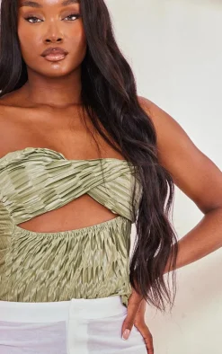 Tall Olive Satin Textured Bandeau Crop Top
