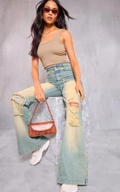Tall Ombre Wash Distressed Detail High Waist Wide Leg Jeans