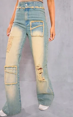 Tall Ombre Wash Distressed Detail High Waist Wide Leg Jeans