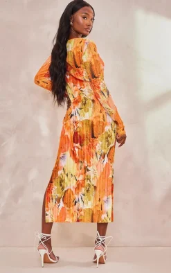 Tall Orange Floral Print Plisse Long Sleeve Split Detail Midi Dress