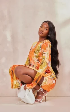 Tall Orange Floral Print Plisse Long Sleeve Split Detail Midi Dress