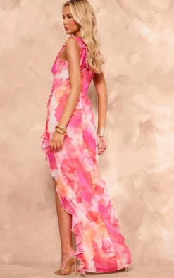 Tall Pink Floral Asymmetric Frill Split Maxi Dress