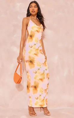 Tall Pink Floral Print Cowl Neck Maxi Dress