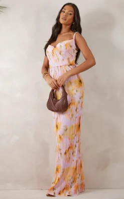 Tall Pink Floral Print Plisse Strappy Maxi Dress