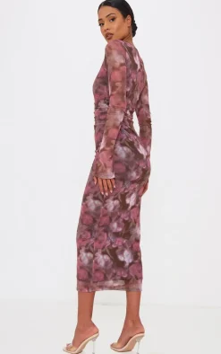 Tall Pink Floral Print Ruched Midaxi Dress