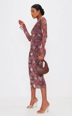 Tall Pink Floral Print Ruched Midaxi Dress