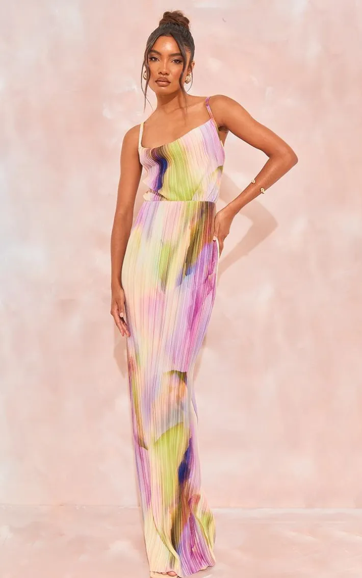 Tall Purple Watercolour Print Plisse Strappy Maxi Dress