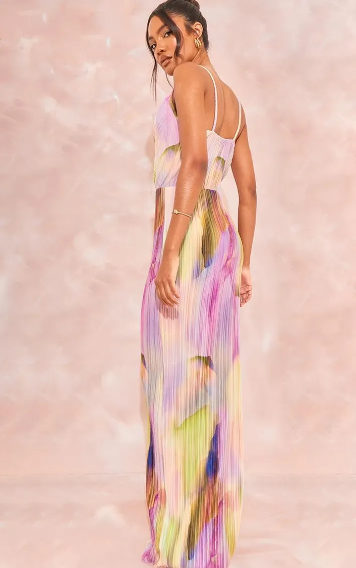 Tall Purple Watercolour Print Plisse Strappy Maxi Dress