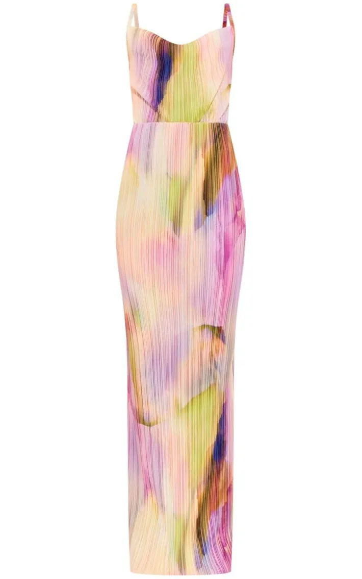 Tall Purple Watercolour Print Plisse Strappy Maxi Dress