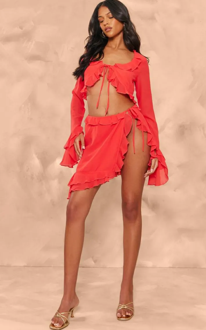 Tall Red Chiffon Frill Detail Split Mini Skirt