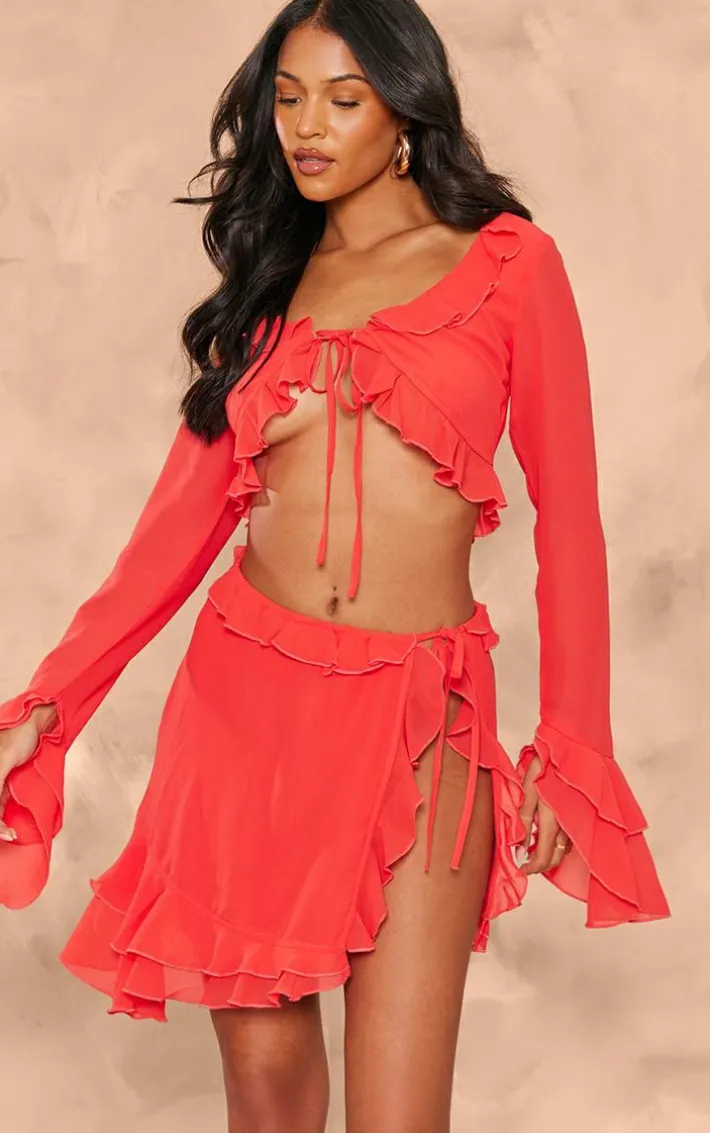 Tall Red Chiffon Frill Detail Split Mini Skirt