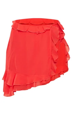 Tall Red Chiffon Frill Detail Split Mini Skirt