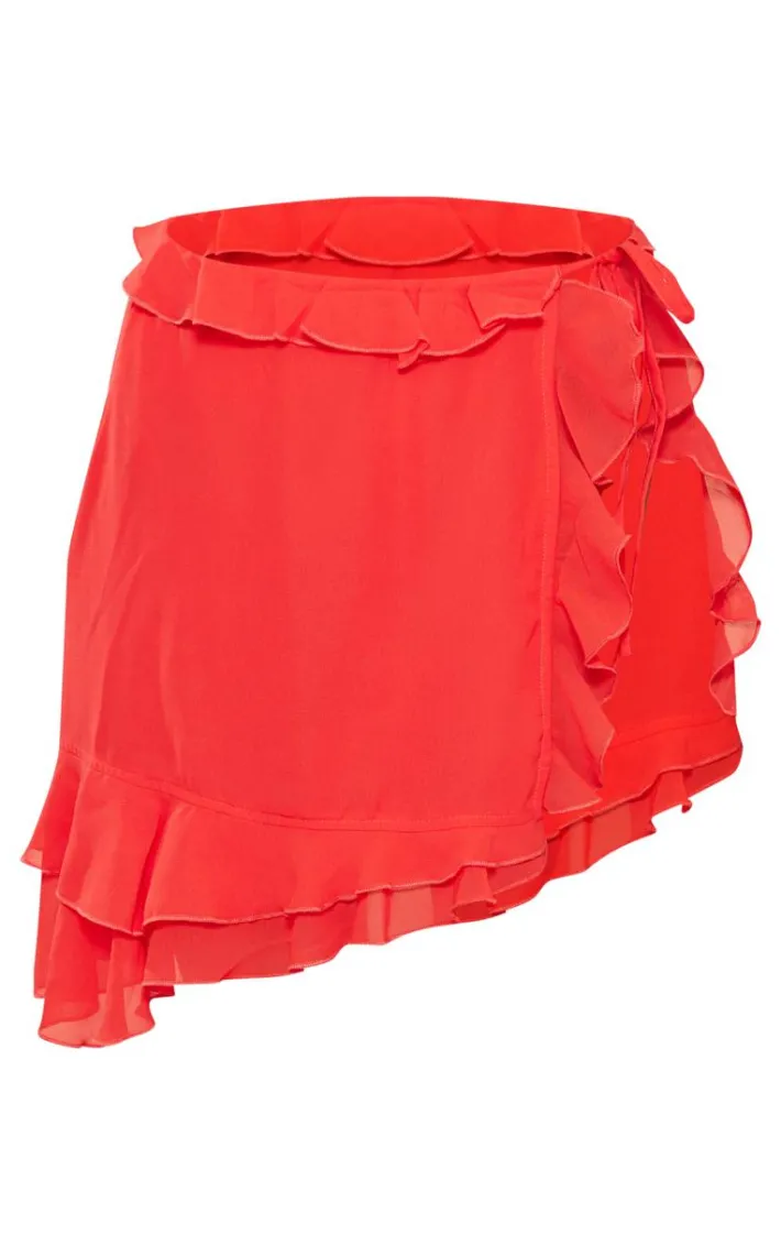 Tall Red Chiffon Frill Detail Split Mini Skirt