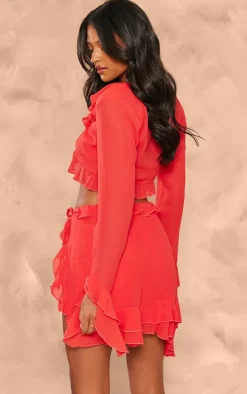 Tall Red Chiffon Frill Detail Tie Crop Top