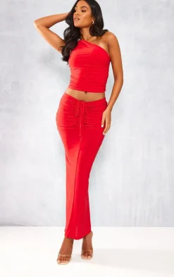 Tall Red Slinky Ruched Detail Midaxi Skirt