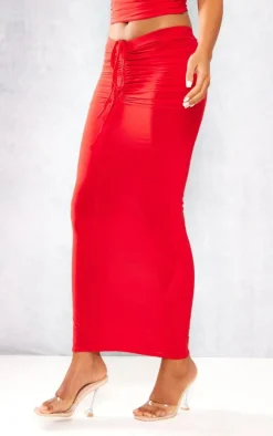 Tall Red Slinky Ruched Detail Midaxi Skirt