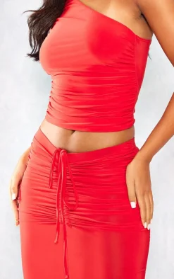 Tall Red Slinky Ruched Detail Midaxi Skirt