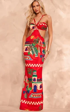 Tall Red Tropical Print Cut Out Detail Maxi Dress