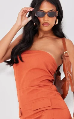 Tall Rust Faux Linen Bandeau Pocket Shift Dress