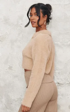 Tall Stone Brushed Knit Collared Cropped Sweater