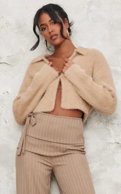 Tall Stone Brushed Knit Collared Cropped Sweater