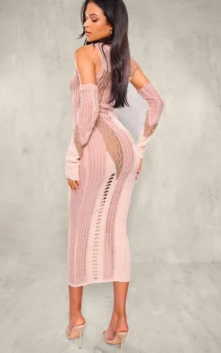 Tall Stone Knit Midi Dress With Matching Sleeves