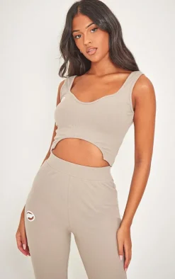 Tall Stone Ribbed Logo Cut Out Detail Crop Top