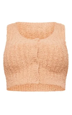 Tall Tan Fluffy Knit Button Detail Vest