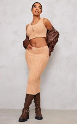 Tall Tan Fluffy Knitted Midi Skirt