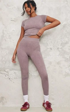 Tall Taupe Faded Snatched Rib Longline Short Sleeve T-shirt