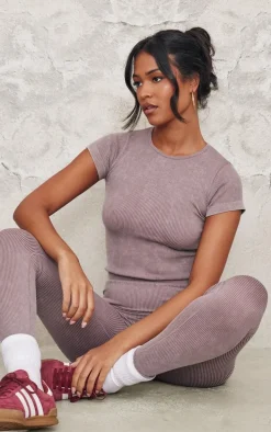 Tall Taupe Faded Snatched Rib Longline Short Sleeve T-shirt