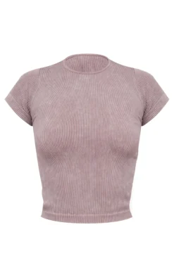 Tall Taupe Faded Snatched Rib Longline Short Sleeve T-shirt