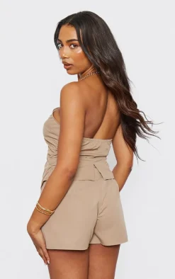 Tall Taupe Tailored Button Up Bandeau Romper
