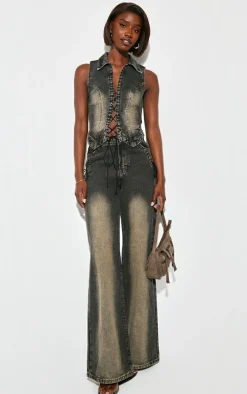 Tall Vintage Black Wash Front Lace Seam Detail Denim Vest