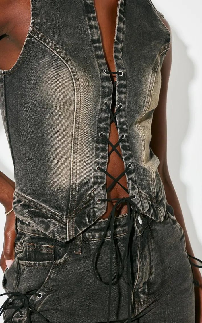 Tall Vintage Black Wash Front Lace Seam Detail Denim Vest