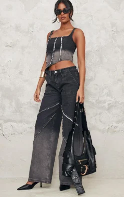 Tall Vintage Black Wash Low Rise Raw Seam Detail Wide Leg Jeans