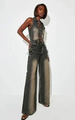 Tall Vintage Black Wash Lace Up Pocket Mid Rise Straight Leg Jeans